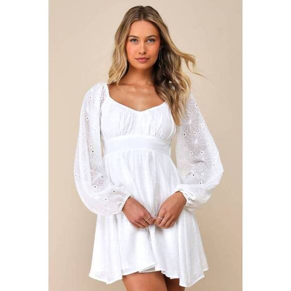 Lulus Simple Sweetheart White Eyelet Balloon Sleeve Mini Dress - Size XL - Picture 1 of 1